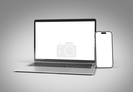 Photo for PARIS - France - February 27, 2024: Newly released Apple Macbook Air and Iphone 15, Silver color. Side view. 3d rendering laptop mockup on grey background - Royalty Free Image