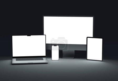 Photo for PARIS - France - April 28, 2022: Newly released Apple devices, Imac 24 desktop computer, Iphone 13 pro max mobile, Macbook laptop, Ipad tablet- 3d realistic rendering screen mockup on dark background - Royalty Free Image