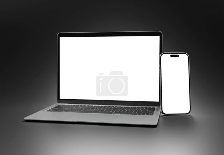 Photo for PARIS - France - February 27, 2024: Newly released Apple Macbook Air and Iphone 15, Silver color. Side view. 3d rendering laptop mockup on grey background - Royalty Free Image