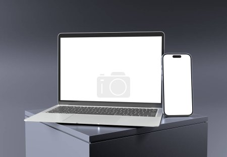 Foto de PARÍS - Francia - 27 de febrero de 2024: Recién estrenado Apple Macbook Air e Iphone 15, color Plata. Vista lateral. 3d representación portátil maqueta sobre fondo gris - Imagen libre de derechos