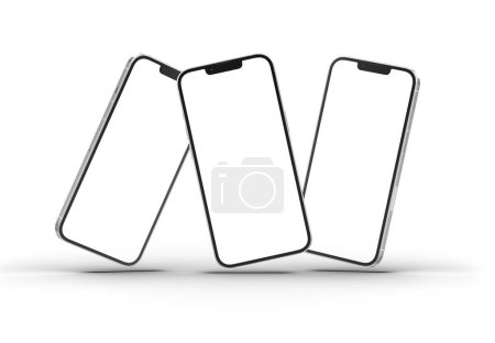 Foto de PARÍS - Francia - 15 de marzo de 2023: Nuevo lanzamiento de Apple Smartphone Iphone 14 pro realista 3d rendering - maqueta de pantalla frontal a color de plata - Tres teléfonos inteligentes modernos flotando en el fondo oscuro - Imagen libre de derechos