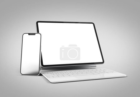 Foto de PARÍS - Francia - 15 de marzo de 2023: Apple Ipad Pro con teclado de magia blanca e Iphone 14 - Realista representación 3D sobre fondo blanco - Imagen libre de derechos