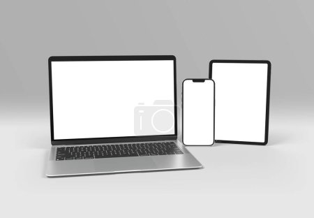Foto de PARÍS - Francia - 1 de septiembre de 2023: Apple Macbook Air, Iphone 14, Ipad Pro, Silver color. Vista lateral. 3d representación de la pantalla del ordenador portátil maqueta sobre fondo blanco - Imagen libre de derechos