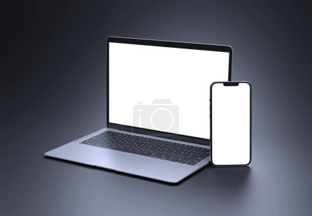 Foto de PARÍS - Francia - 1 de septiembre de 2023: Recién estrenado Apple Macbook Air e Iphone 14, color Plata. Vista lateral. 3d representación de la pantalla del ordenador portátil maqueta sobre fondo oscuro - Imagen libre de derechos