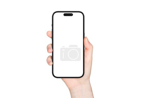Foto de PARÍS - Francia - 1 de septiembre de 2023: Nuevo lanzamiento de Apple Smartphone Iphone 14 pro max realista 3d rendering - maqueta de pantalla frontal en color plateado - Mujer de mano sosteniendo un teléfono inteligente moderno sobre fondo blanco - Imagen libre de derechos