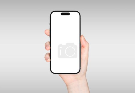 Foto de PARÍS - Francia - 1 de septiembre de 2023: Nuevo lanzamiento de Apple Smartphone Iphone 14 pro max realista 3d rendering - maqueta de pantalla frontal en color plateado - Mujer de mano sosteniendo un teléfono inteligente moderno sobre fondo blanco - Imagen libre de derechos