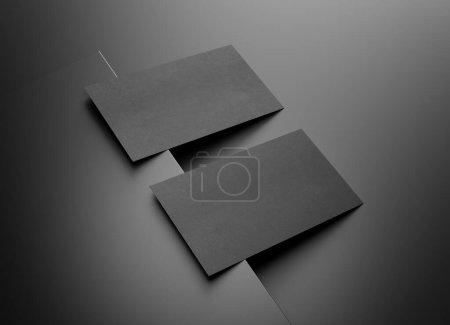 Foto de Dos tarjetas de visita negras burlándose. Plantilla texturizada de tarjeta de visita en una superficie cuadrada oscura. Renderizado 3D - Imagen libre de derechos