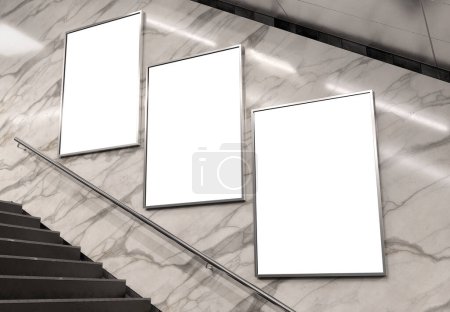 Three vertical billboards on underground subway wall Mockup. Hoardings advertising triptych on train station interior 3D rendering