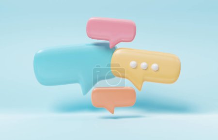 Foto de Minimalista burbujas de habla azul rojo y amarillo hablan iconos flotando sobre el fondo. Conversación moderna o mensajes de redes sociales suaves con sombra. Renderizado 3D - Imagen libre de derechos