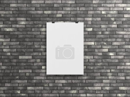Foto de Cartel vertical en blanco colgado con clips en una pared de ladrillo Mockup. Renderizado 3D de marco vacío - Imagen libre de derechos