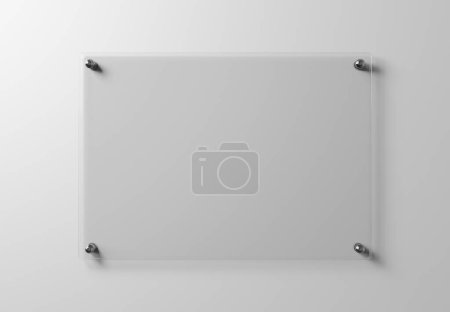 Photo for Transparent glass sign plate on white wall mockup. Template of a blank plastic business signboard on empty texture. 3D rendering - Royalty Free Image