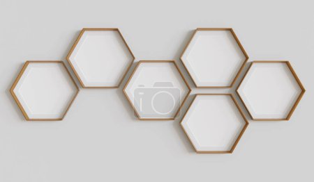 Photo for Copper hexagon blank photo frames mockup hanging on interior wall. Hexagonal pictures on empty painted surface. 3D rendering - Royalty Free Image