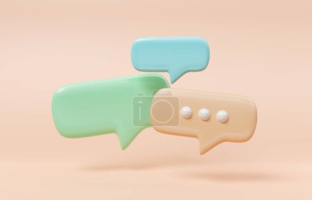 Photo for Minimalist blue green and yellow speech bubbles talk icons floating over orange background. Modern conversation or smooth social media messages with shadow. 3D rendering - Royalty Free Image