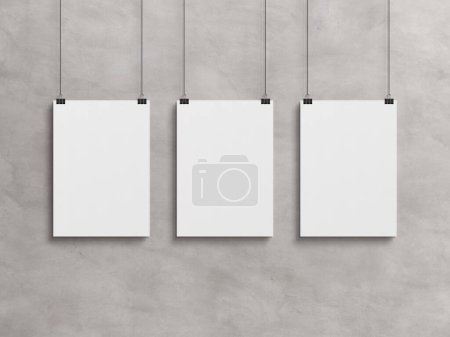 Photo for Three Blank vertical poster hanging with clips on a concrete wall Mockup. 3D rendrering - Royalty Free Image