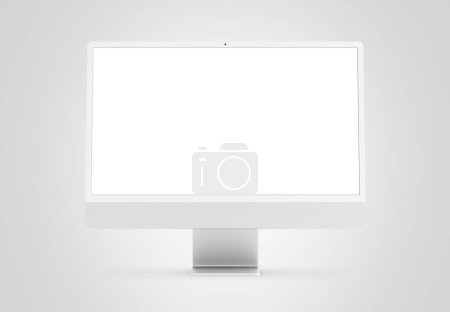 Foto de PARÍS - Francia - 28 de abril de 2022: Nueva versión de Apple Imac 24 pulgadas ordenador de escritorio, color plateado, vista frontal 3d realista representación 4.5K pantalla de visualización Retina maqueta sobre fondo blanco - Imagen libre de derechos