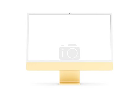 Foto de PARIS - France - April 28, 2022: Newly released Apple Imac 24 inch desktop computer, yellow color, front view- 3d realistic rendering 4.5K Retina display screen mockup on white background - Imagen libre de derechos