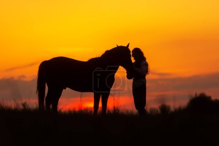 Silhouette d'une femme chevauchant un cheval
