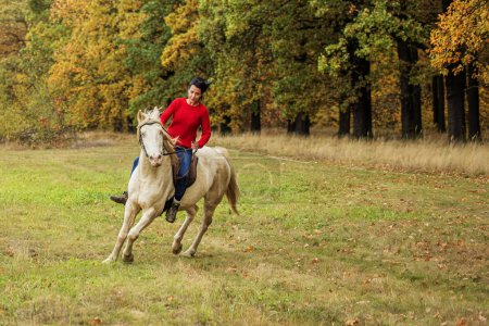 Foto de Mujer joven y un caballo blanco girando en el prado - Imagen libre de derechos