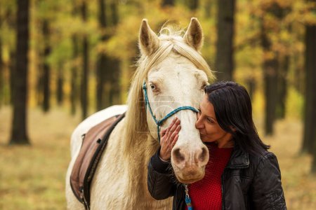Foto de Joven mujer y un beso de caballo blanco por amor - Imagen libre de derechos