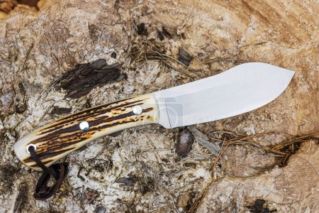 cuchillo tipo nessmuk con asa de asta colocada en una esponja de madera
