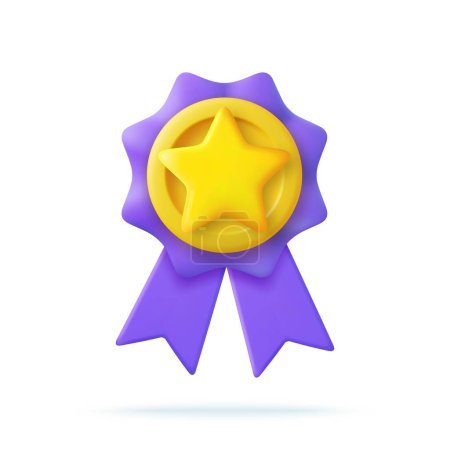 Illustration for 3d Winner medal with star and ribbon. Cartoon minimal style. Premium quality, quality guarantee symbol. 3d rendering Certificate Blank badge icon. Vector illustration - Royalty Free Image