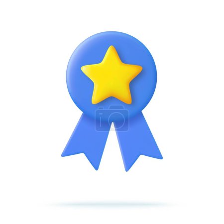 Illustration for 3d Winner medal with star and ribbon. Cartoon minimal style. Premium quality, quality guarantee symbol. 3d rendering Certificate Blank badge icon. Vector illustration - Royalty Free Image