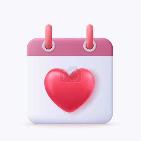 Illustration for 3d Calendar, notes reminder. Organizer Icon with red heart. Realistic Elements for romantic design 3d rendering. Vector illustration - Royalty Free Image