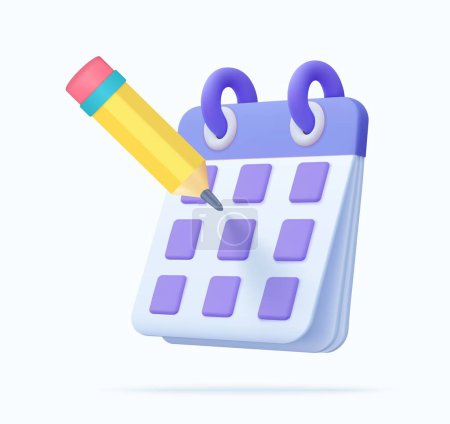 Ilustración de 3d Plan de calendario diario en blanco con icono de lápiz. Diseño moderno, renderizado 3D. Ilustración vectorial - Imagen libre de derechos