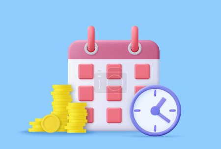 Illustration for 3d Time is money concept,time value of money,payment deadline.Time money savings. timer or clock with lots of loan or credit cash and calendar date. 3d render. Vector illustration - Royalty Free Image