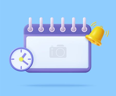 3D reminder in calendar. Calendar with clock and notification bell. alert for business planning ,events, reminder in calendar background. 3d render. Vector illustration