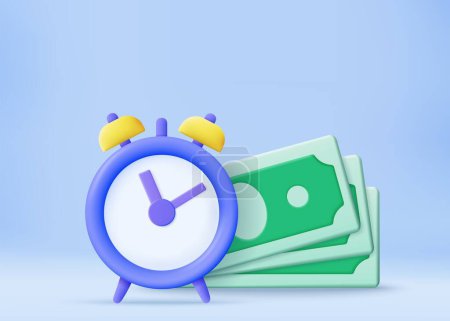 Illustration for Time is money, business and finance concept. Quick payment, clock and cash, fast loan, easy credit. Time money saving. Timer and finance. Quick money. 3d rendering. Vector illustration - Royalty Free Image