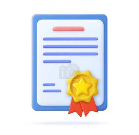 Illustration for 3d Achievement, award, grant, diploma concepts. certificate icon with stamp and ribbon bow. 3d rendering. Vector illustration - Royalty Free Image