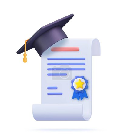 Illustration for 3d Achievement, award, grant, diploma concepts. graduation certificate with cup icon with stamp and ribbon bow. 3d rendering. Vector illustration - Royalty Free Image