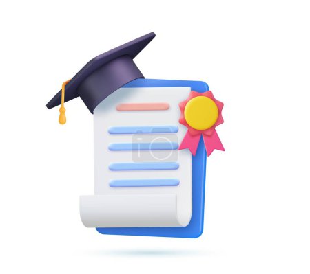 Illustration for 3d Achievement, award, grant, diploma concepts. graduation certificate with cup icon with stamp and ribbon bow. 3d rendering. Vector illustration - Royalty Free Image