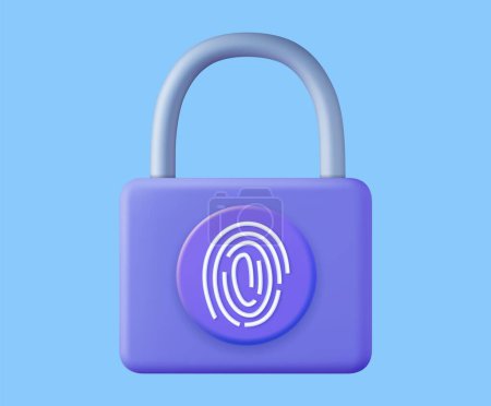 Illustration for 3d biometric fingerprint password with padlock icon. Touch ID. 3d rendering. Vector illustration - Royalty Free Image