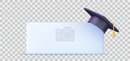 Illustration for 3d Graduation cap icon. High school college university complete. College cap, mortar board. 3d degree ceremony hat with white paper banner. 3d rendering. Vector illustration - Royalty Free Image