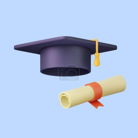 Ilustración de Sombrero de graduación 3d y dibujos animados diploma. 3d renderizado estudiante universitario tapa mortero y diploma concepto de graduación. Ilustración vectorial - Imagen libre de derechos