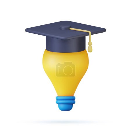 Illustration for 3d Idea and education concept icon lightbulb. 3d rendering of graduation cap on yellow light bulb. Vector illustration - Royalty Free Image