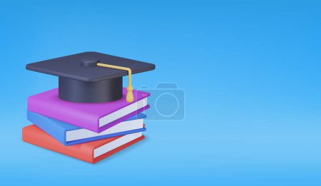 Illustration for 3D graduation cap and book. Education concept. Back to school, banner design template. 3d rendering. Vector illustration - Royalty Free Image