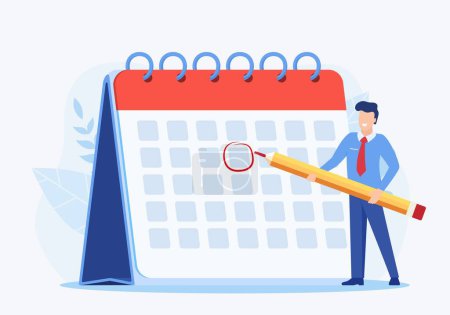 Illustration for Male Circle Date on Calendar Planning Important Matter. Time Management and deadline concept, Work Organization and Life Events Notification, Memo Reminder. Vector illustration in flat style - Royalty Free Image