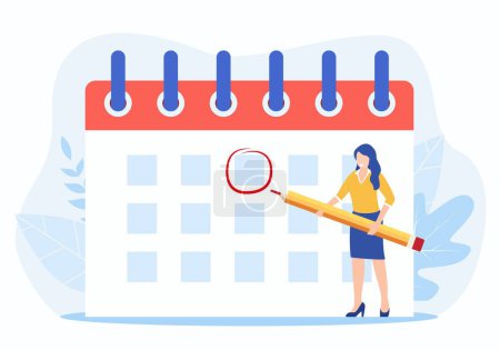 Illustration for Female Circle Date on Calendar Planning Important Matter. Time Management and deadline concept, Work Organization and Life Events Notification, Memo Reminder. Vector illustration in flat style - Royalty Free Image
