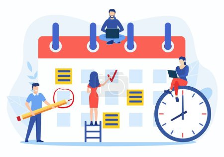 Planning schedule, business event and calendar concept. People with schedule, pen and notes organize meeting. Planning strategy and time management. Vector illustration in flat style