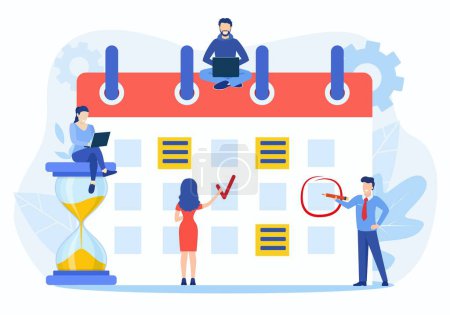 Illustration for Planning schedule, business event and calendar concept. People with schedule, pen and notes organize meeting. Planning strategy and time management. Vector illustration in flat style - Royalty Free Image