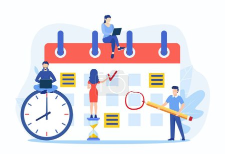 Illustration for Planning schedule, business event and calendar concept. People with schedule, pen and notes organize meeting. Planning strategy and time management. Vector illustration in flat style - Royalty Free Image