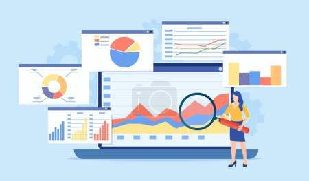 Data analytics, dashboard and business finance report. business people working for data analytics and monitoring on web report. business finance investment concept. Vector illustration in flat style