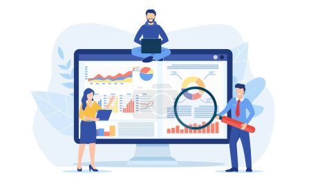 Illustration for Data analytics, dashboard and business finance report. business people working for data analytics and monitoring on web report. business finance investment concept. Vector illustration in flat style - Royalty Free Image