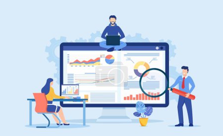 Illustration for Data analytics, dashboard and business finance report. business people working for data analytics and monitoring on web report. business finance investment concept. Vector illustration in flat style - Royalty Free Image