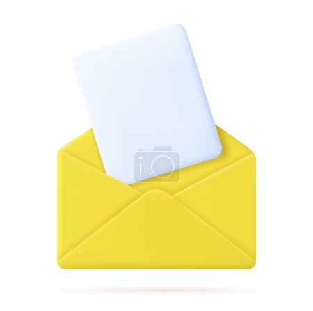 Illustration for 3d Render open mail Envelope with fly paper documents icon isolated on white background. . Read online message. Realistic symbol communication. Business news and invitations. Vector illustration - Royalty Free Image
