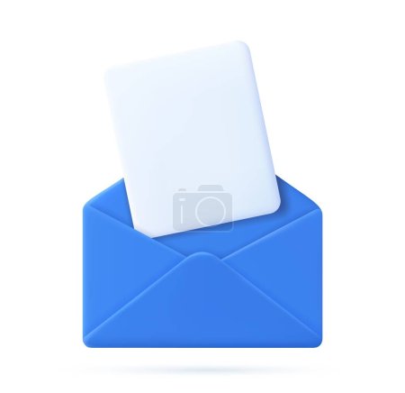 Illustration for 3d Render open mail Envelope with fly paper documents icon isolated on white background. . Read online message. Realistic symbol communication. Business news and invitations. Vector illustration - Royalty Free Image