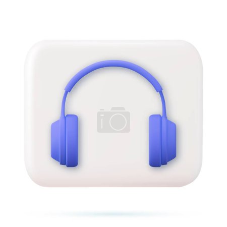 Ilustración de Auriculares 3d con dinámica para escuchar música fuerte disfrutando del icono de la plantilla de sonido de audio. 3d renderizado tecla de botón cuadrado blanco, elemento de interfaz. Ilustración vectorial - Imagen libre de derechos